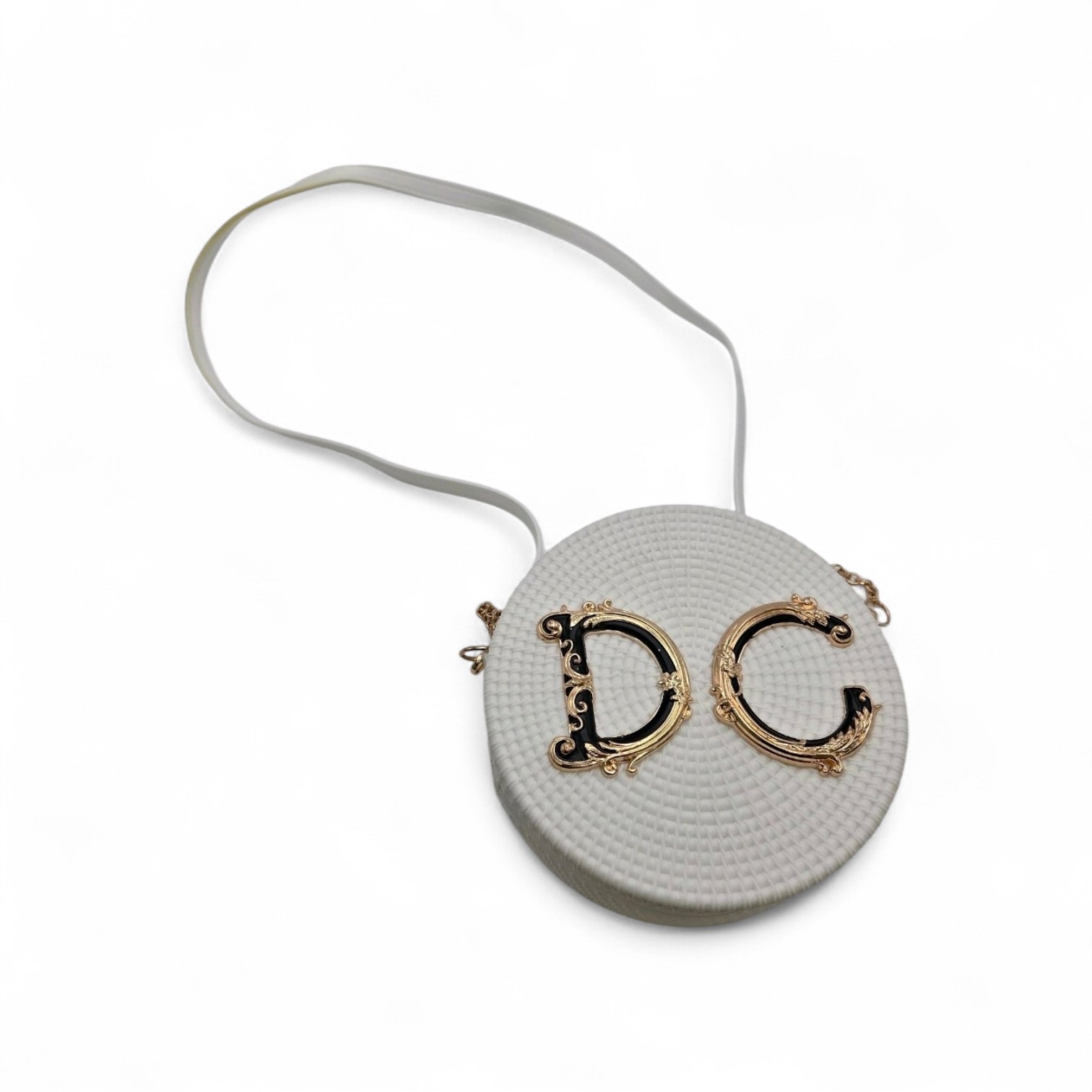 White Textured Round Crossbody Purse with Gold DG Logo