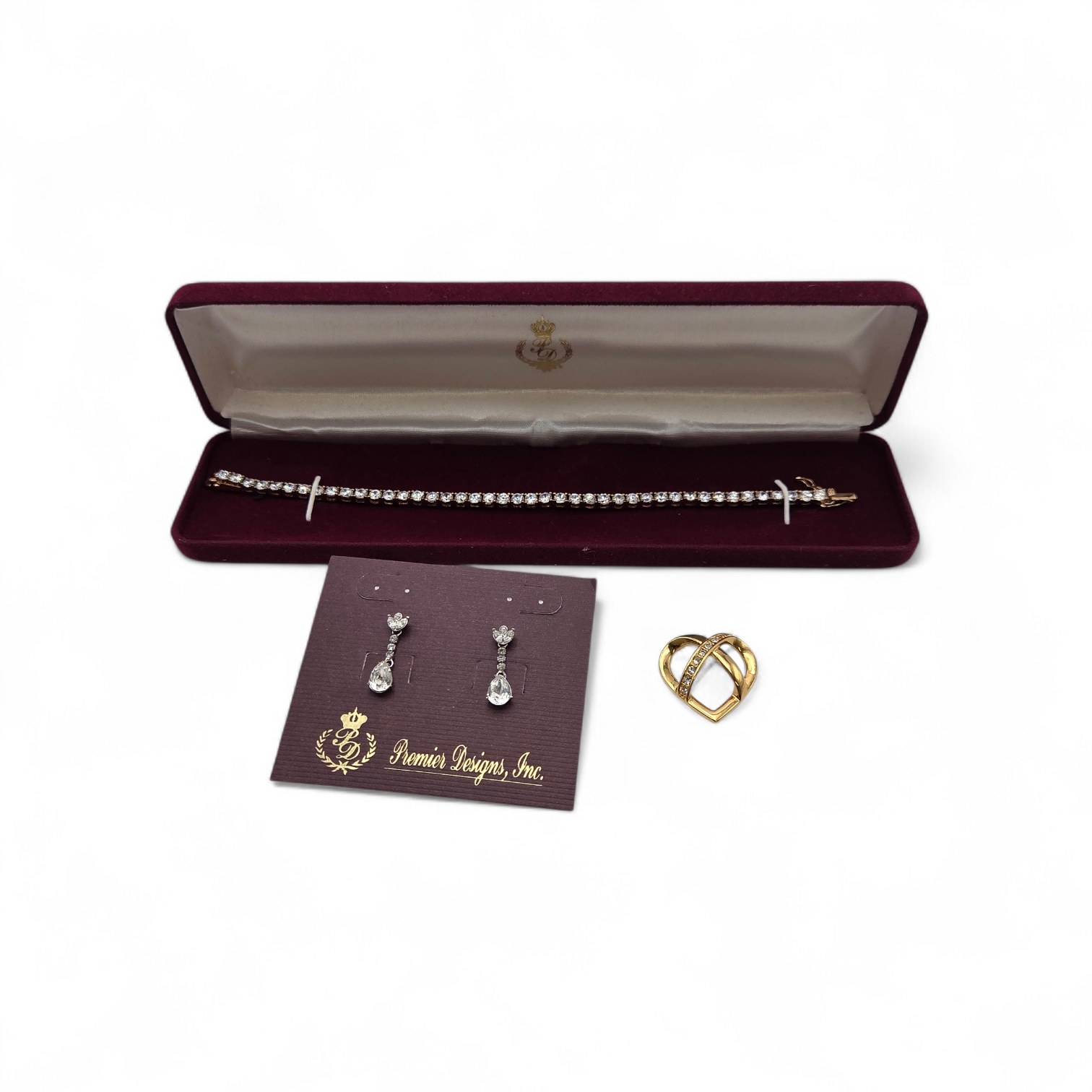 Premier Designs Silver Ice Bracelet, Crystal Icicle Earrings & Gold-Tone Heart Pin