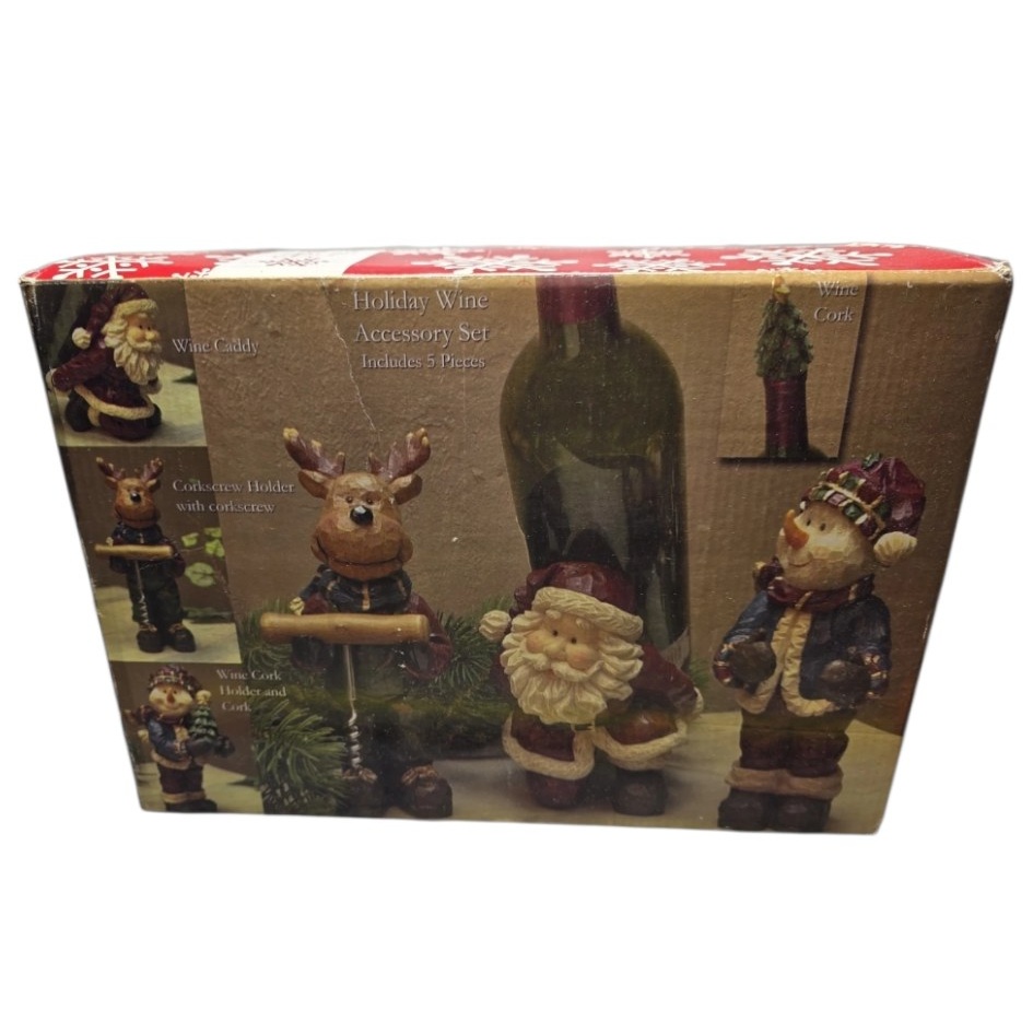 Holiday Wine Accessory Gift Set 5 Piece Christmas Santa Reindeer Corkscrew