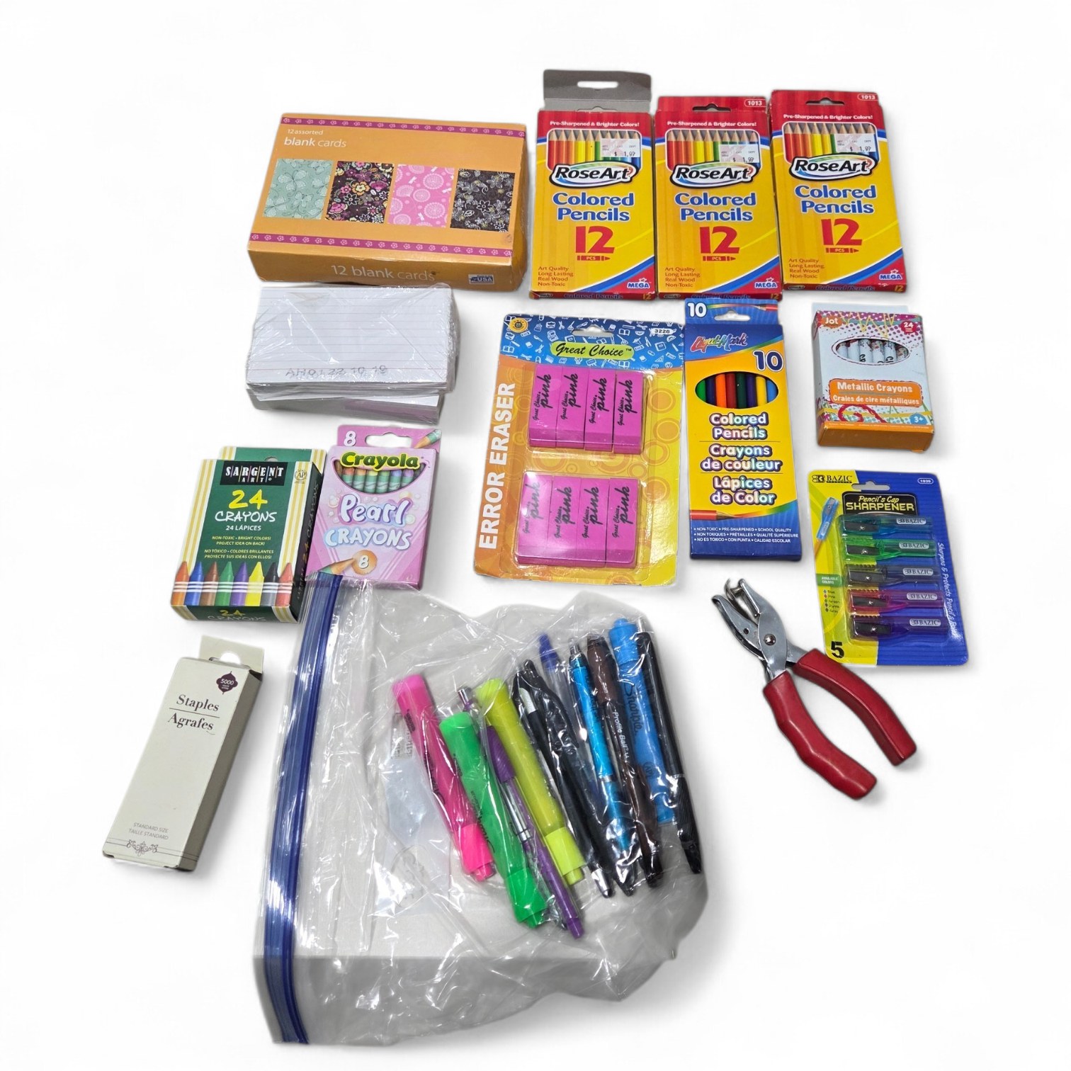 Mixed Arts & Crafts Supply Lot with Colored Pencils, Crayons, Pens & Blank Cards