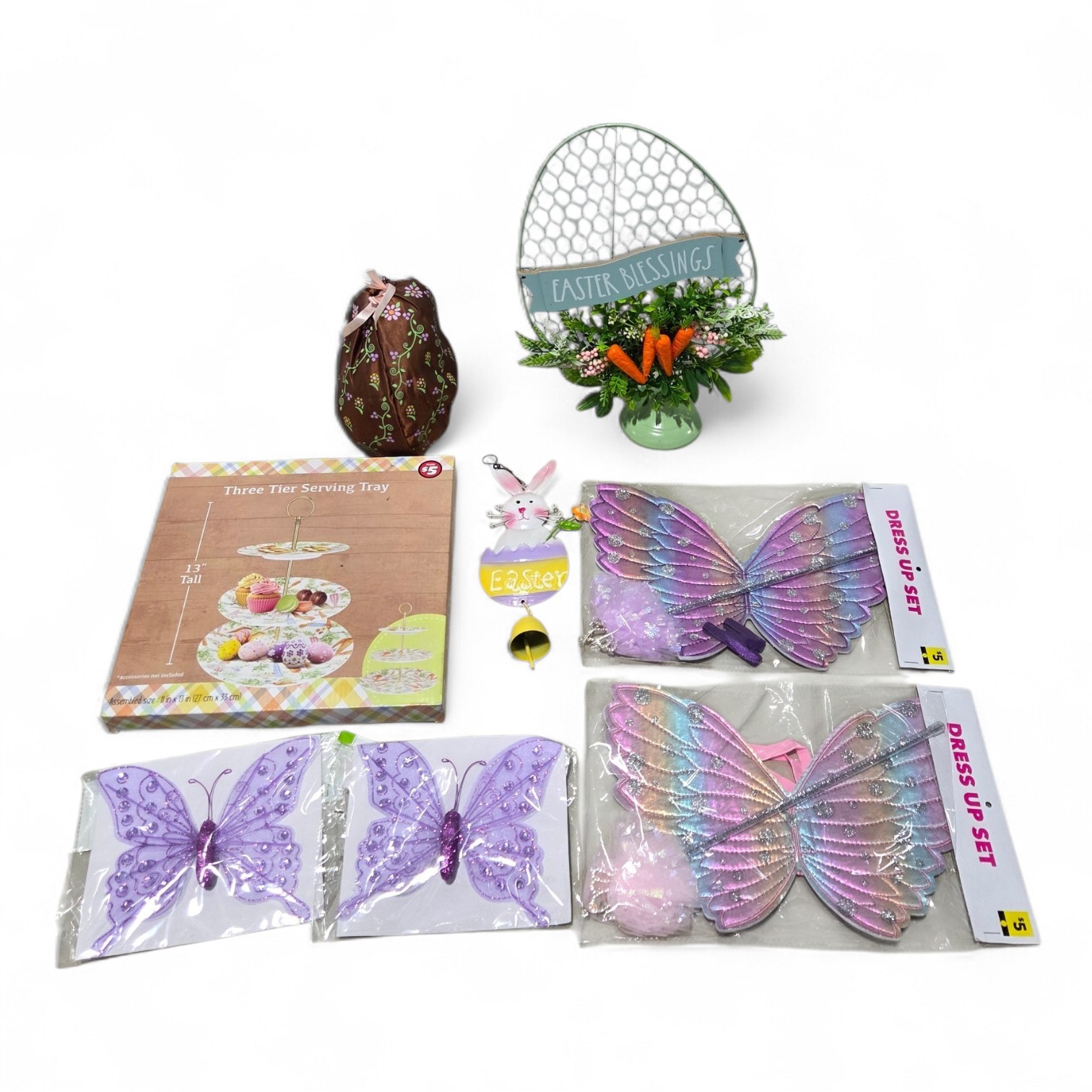 Easter Decor Lot with Bunny, Butterfly Wings, Serving Tray & Spring Decorations