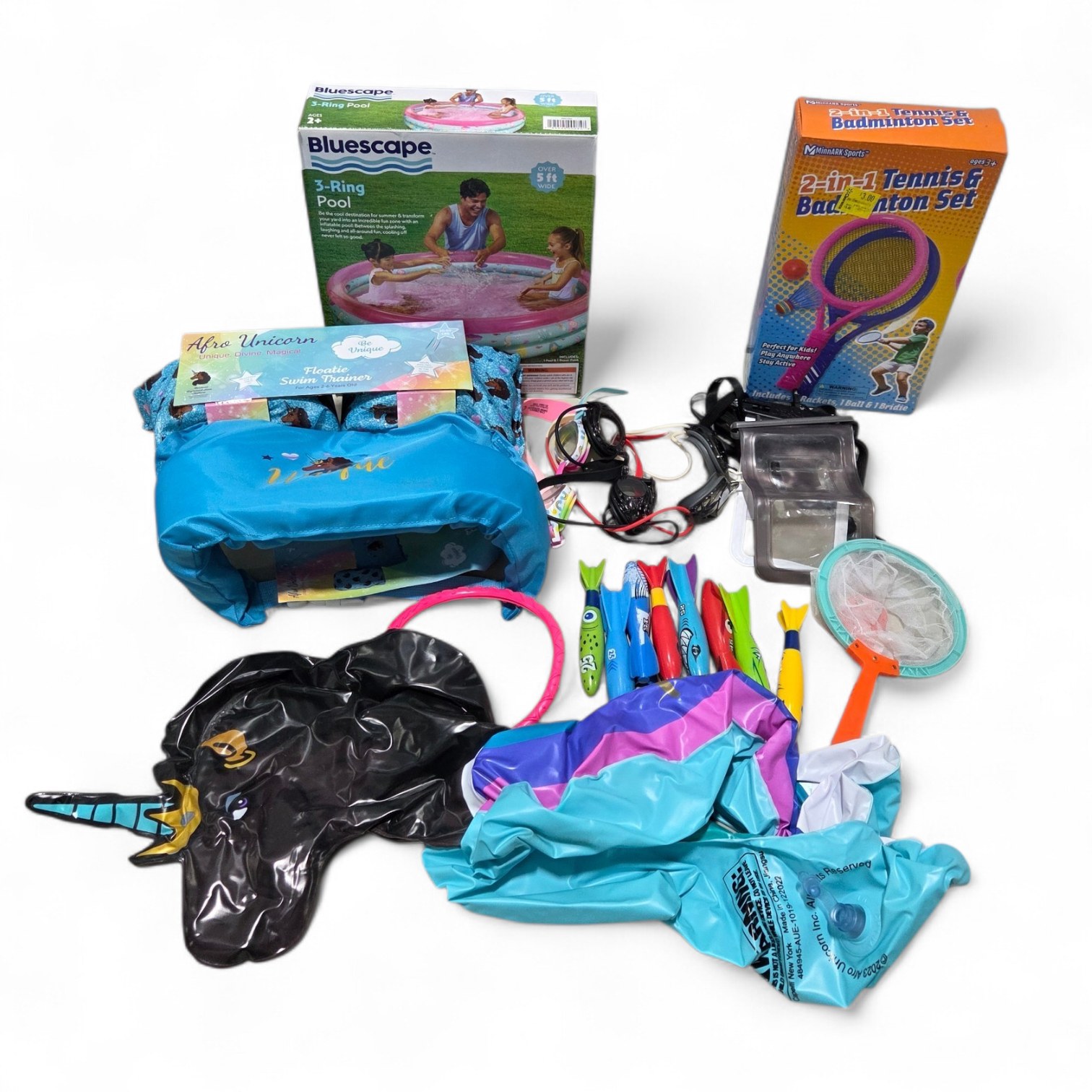 Mixed Pool, Swim & Outdoor Toy Lot with 3-Ring Pool, Tennis Set & Water Toys