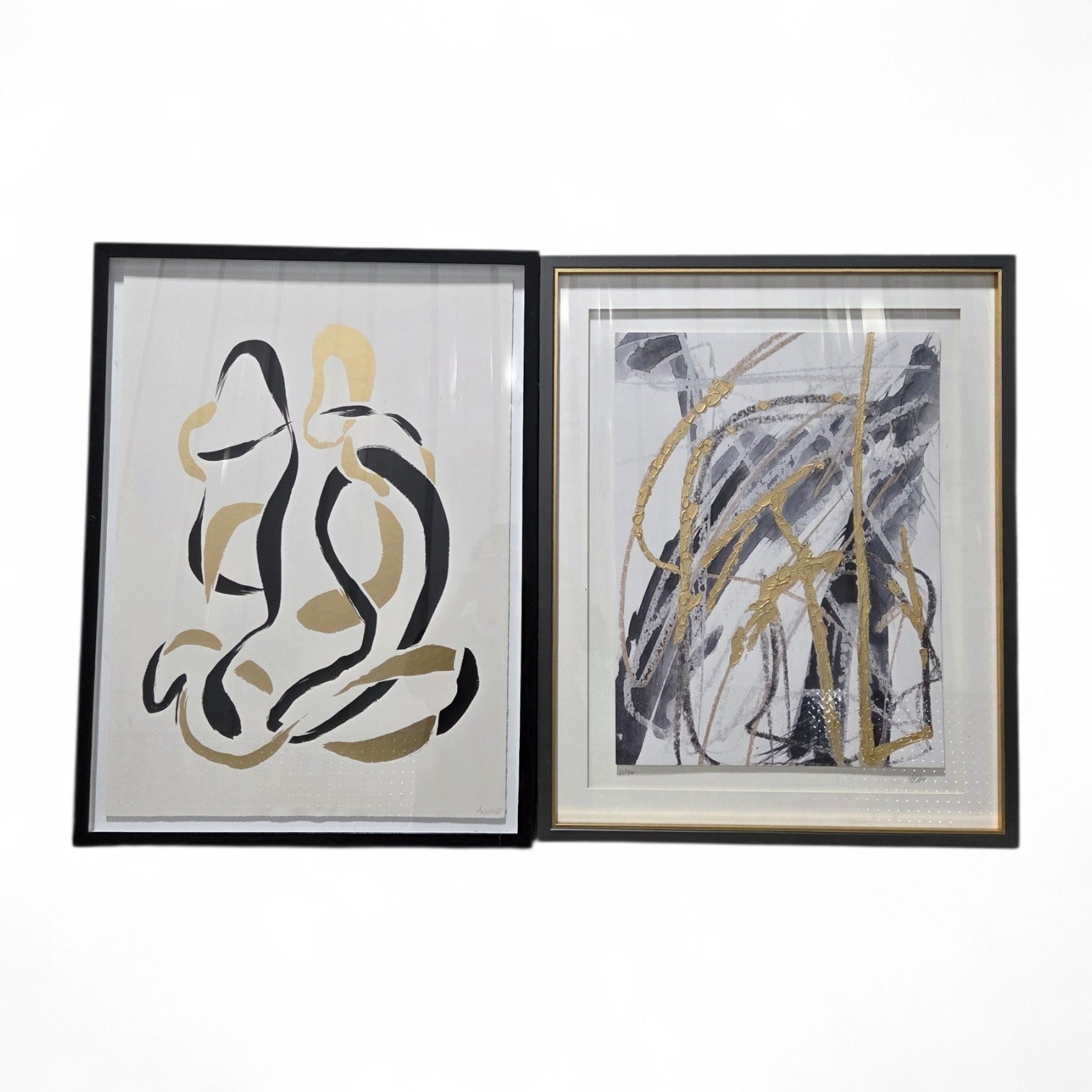 Pair of Framed Abstract Wall Art Prints with Gold & Black Accents