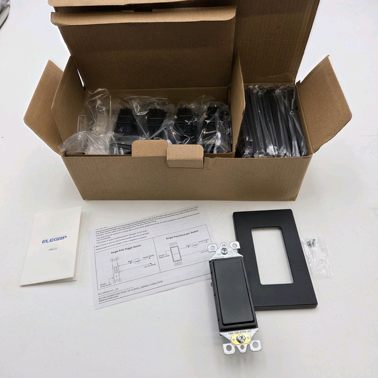 ELE Group - Matte Black - 10 Pack - Single Pole Decorative Switches with Wall Plate 15 Amp, 120 V