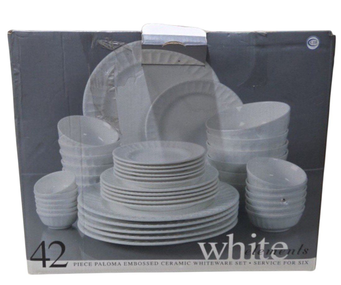 42 Piece White Elements Paloma Embossed Ceramic Dinnerware Set
