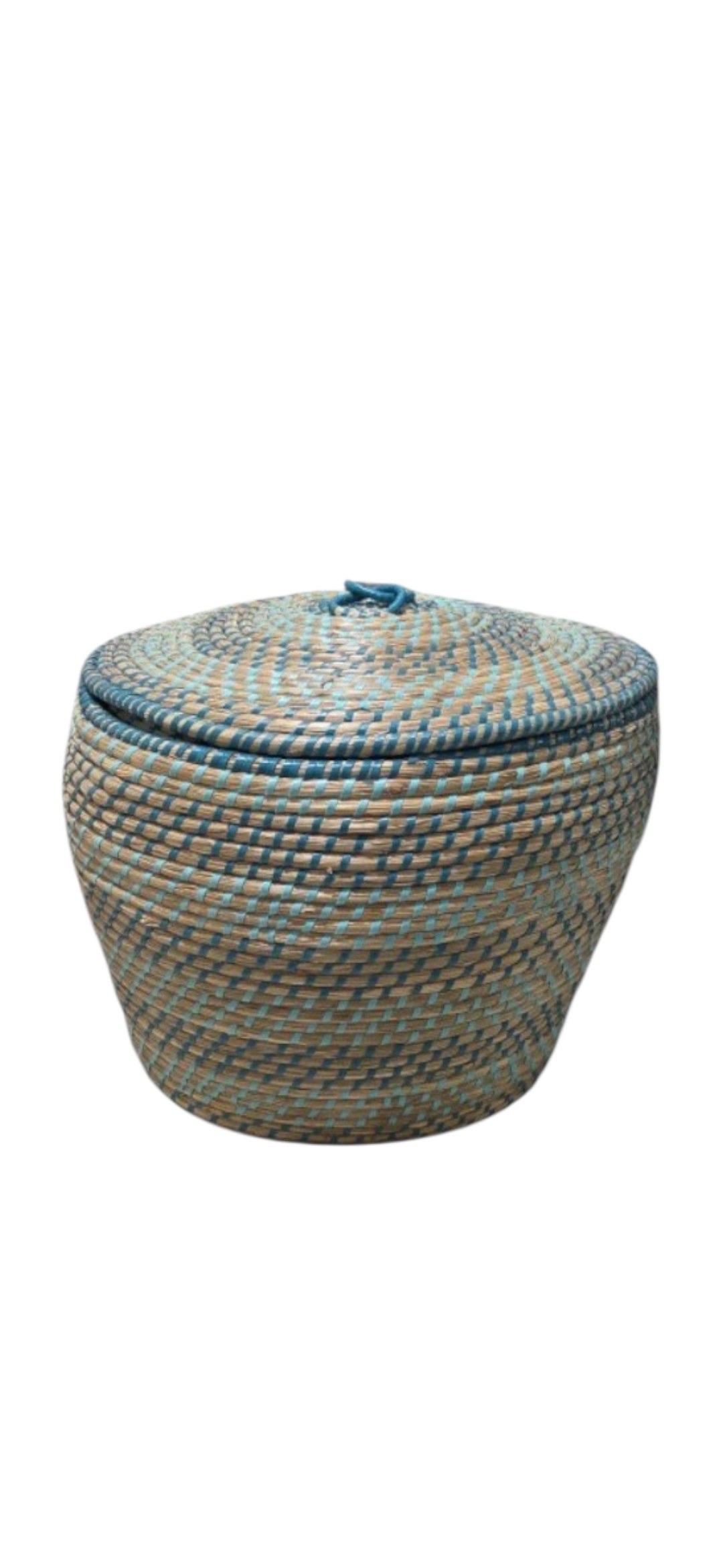 Lidded Wicker Basket - Woven Storage Basket with Blue Accents