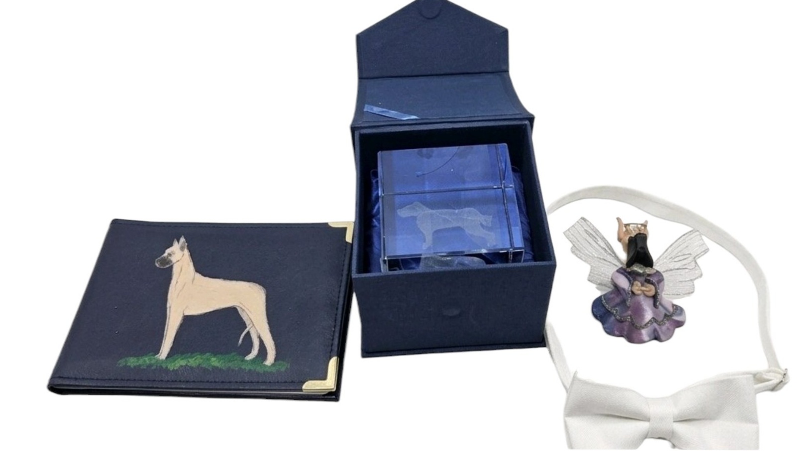 Vintage Great Dane Collectibles Lot Lucite Etched Dog Plaque in Case, Pin, Bow Tie, Photo Book