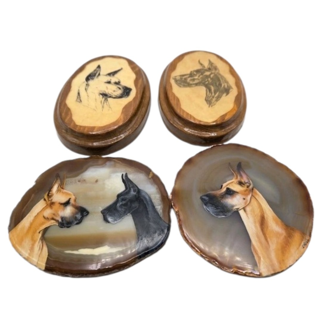 Lot of 4 Pieces Great Dane Dog Art Lot Hand Painted Agate Slabs and Hand Painted Wood Plaques AMCDC Award