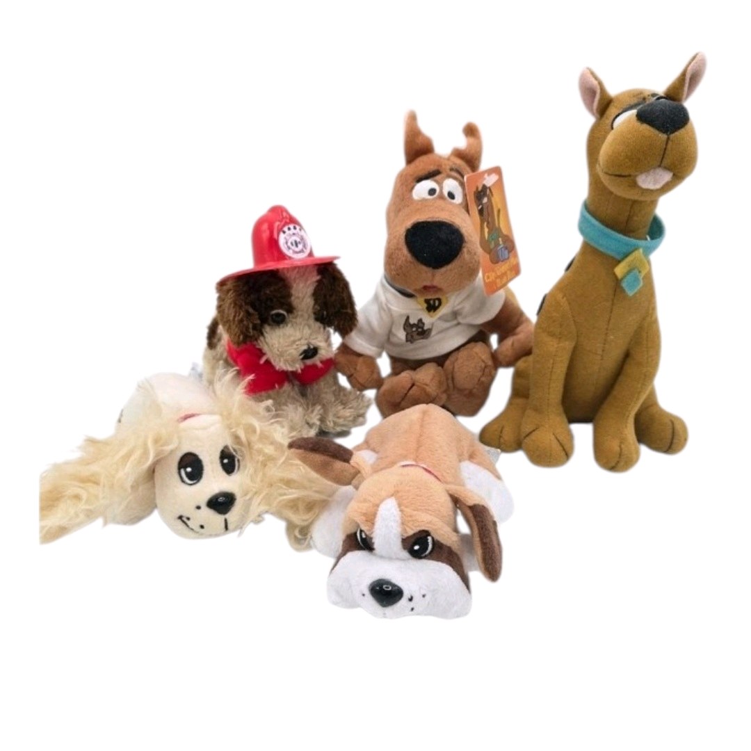 Lot 5pc Dog Plush Toys - Scooby-Doo Plush, Firefighter Dog, Pound Puppies PP Dog Plush