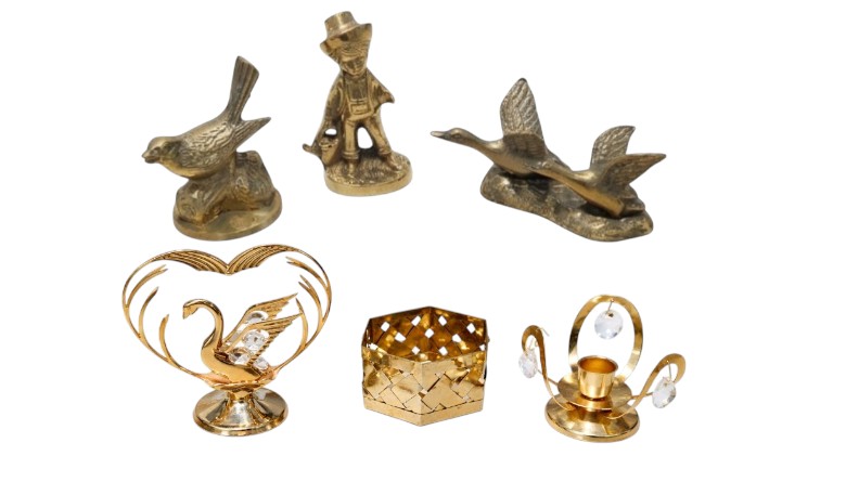 Brass Tone Country Decor Lot Bird Figurine, Farmer Statue, Flying Ducks Geese - 3 Pc PLUS Vintage Gold Tone Swan Decor Lot Crystal Accent Candle Holders Basket Centerpiece