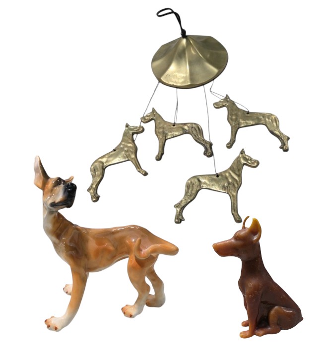 Great Dane Dog Decor Lot Ceramic Dog Figurines, Brass Hanging Mobile, Doberman Style Candle