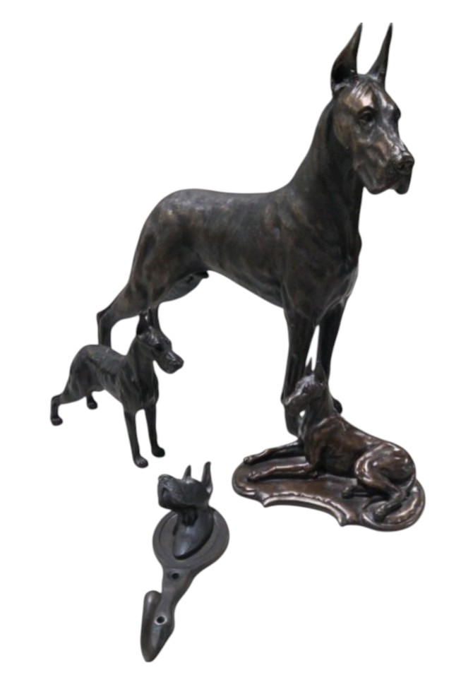 Great Dane Collector Lot - Large Standing Great Dane Statue, Small Standing Great Dane Figurine, Reclining Dog Figure, Wall Hook Decor