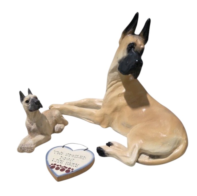 Great Dane Dog Decor Lot - Signed Large Hand Painted Dog Figurine, Puppy Figure, Spoiled Dogs Sign
