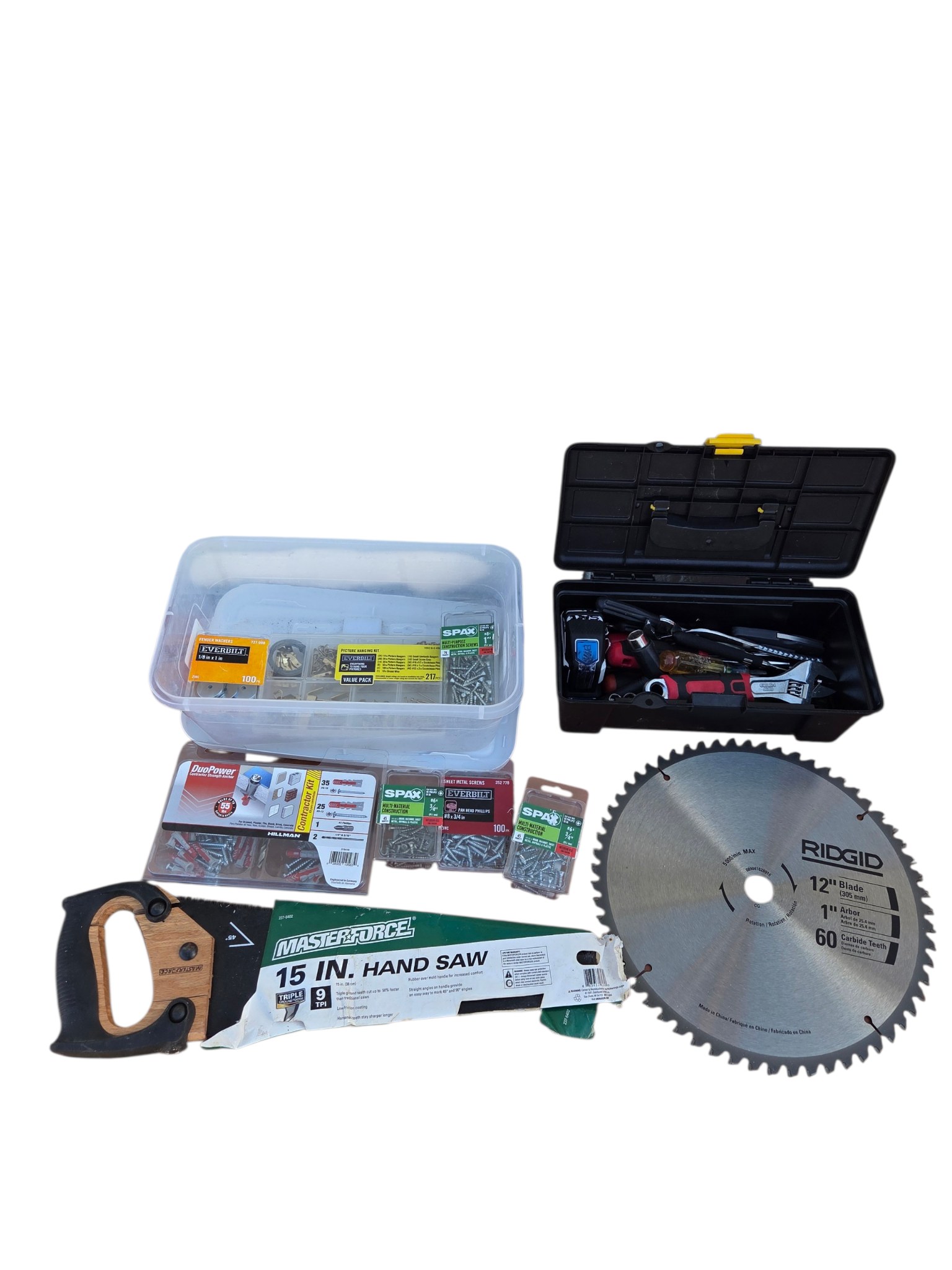 Mixed Tool & Hardware Lot With Hand Saw, Ridgid 12 Blade, Screws, Anchors & Toolbox