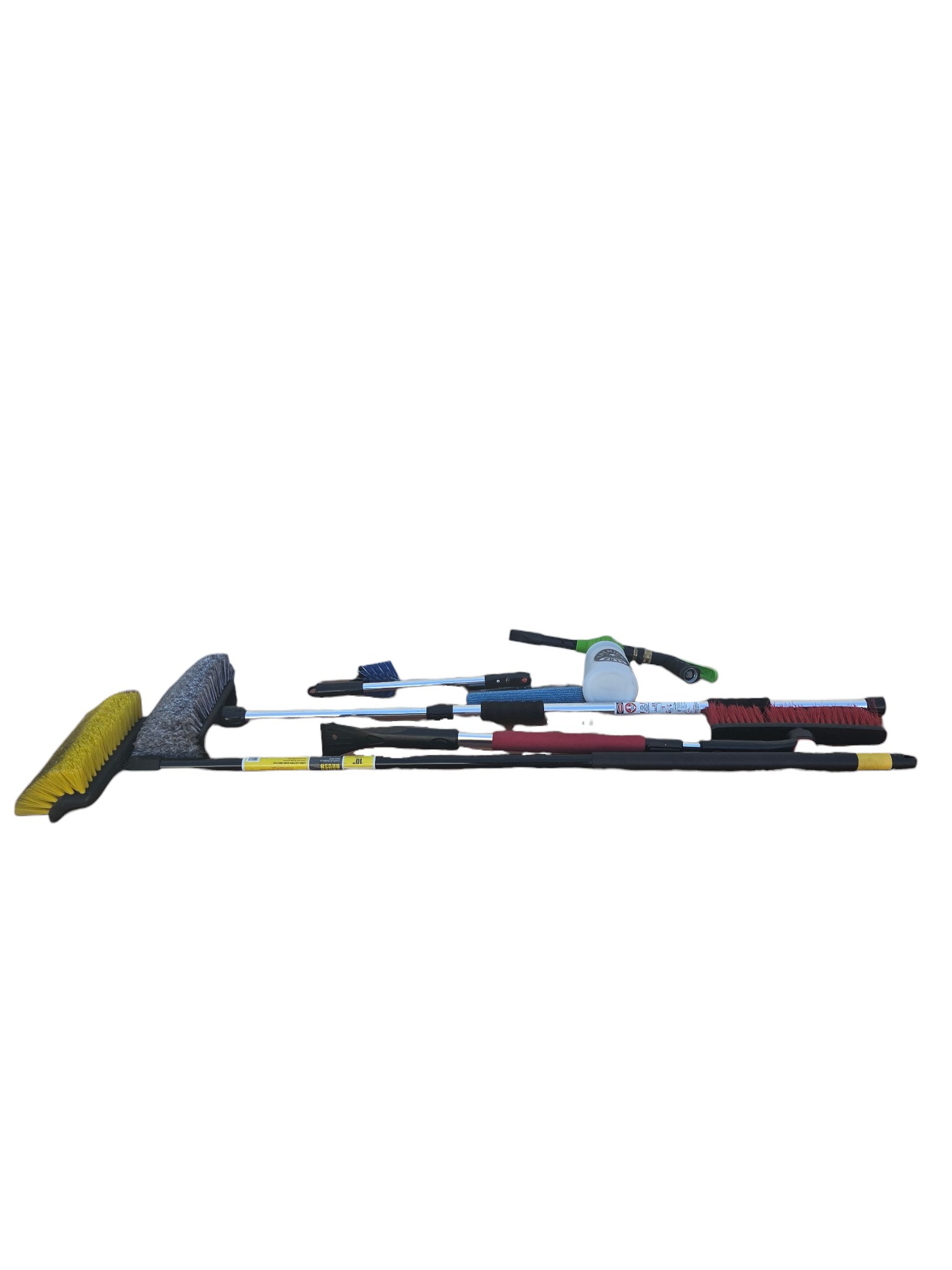 Mixed Car Wash and Cleaning Tool Lot  Foam Cannon, Scrub Brushes, Squeegee, Snow Brush and Extension Handles