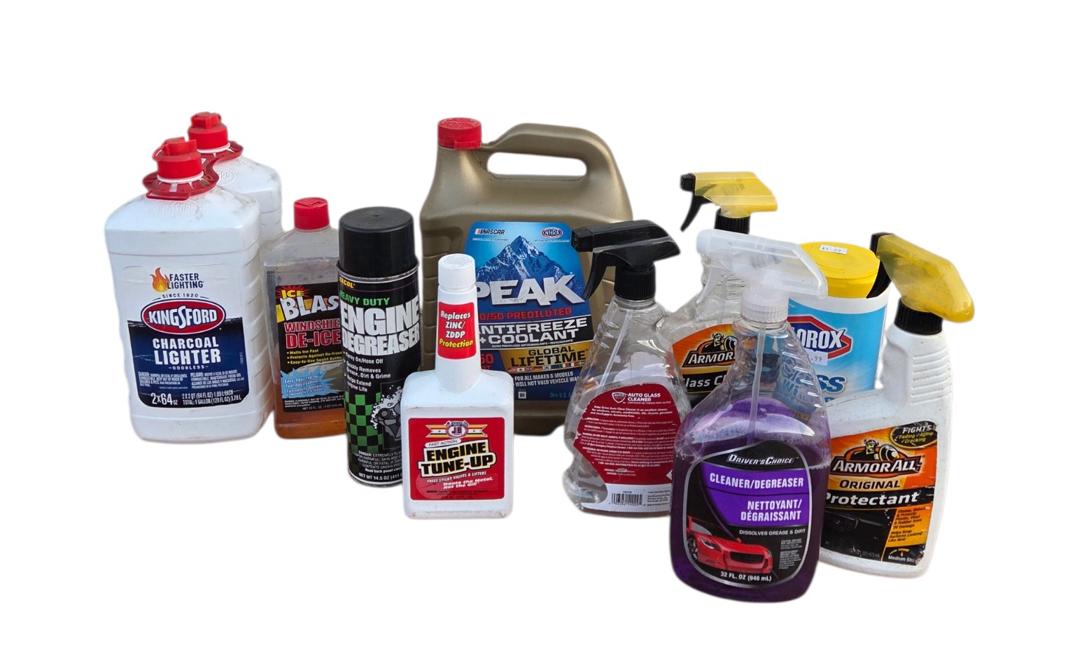 Mixed Automotive Fluids and Cleaners Lot  PEAK Antifreeze, De-Icer, Degreaser, Armor All, Charcoal Lighter Fluid
