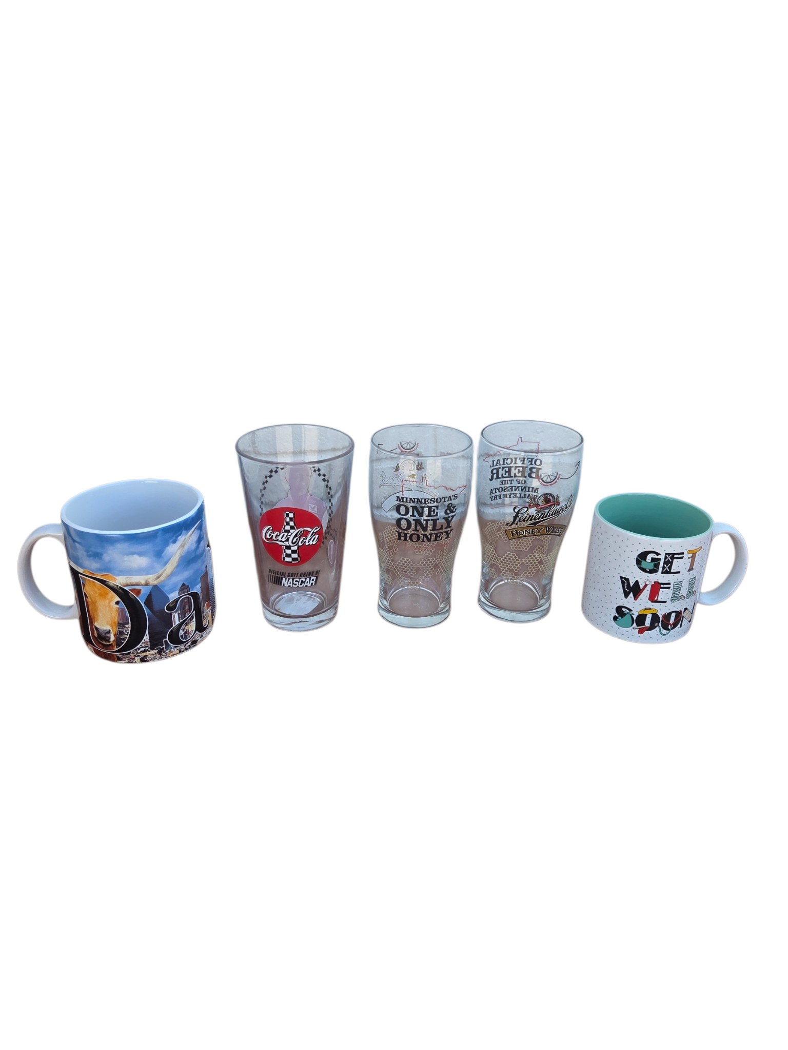 Mixed Coffee Mug and Collectible Drinking Glass Lot  Dallas, NASCAR, Coca-Cola, Minnesota