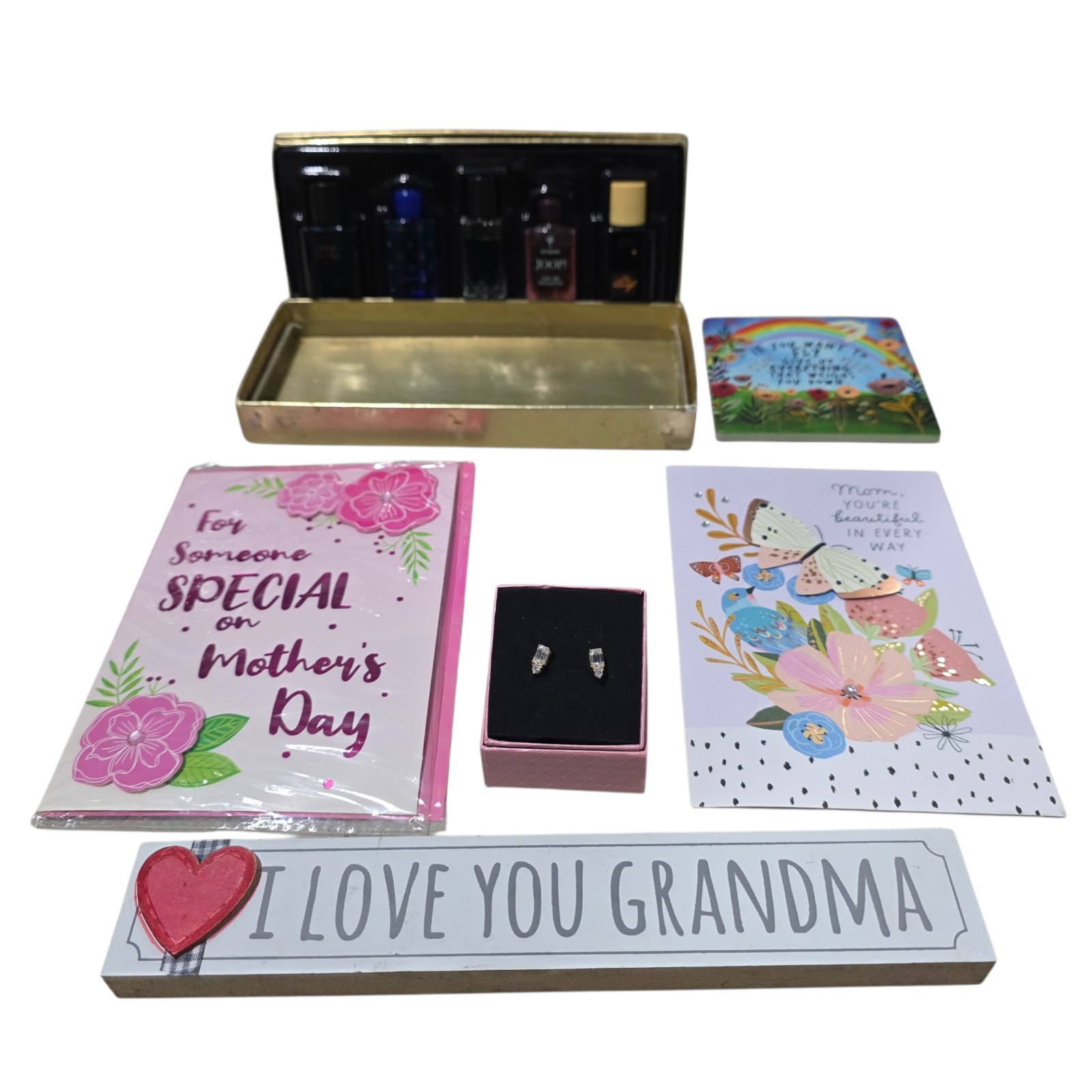 Mothers Day Gift Lot With Moissanite Earrings, Cards, Grandma Sign & Fragrance Set
