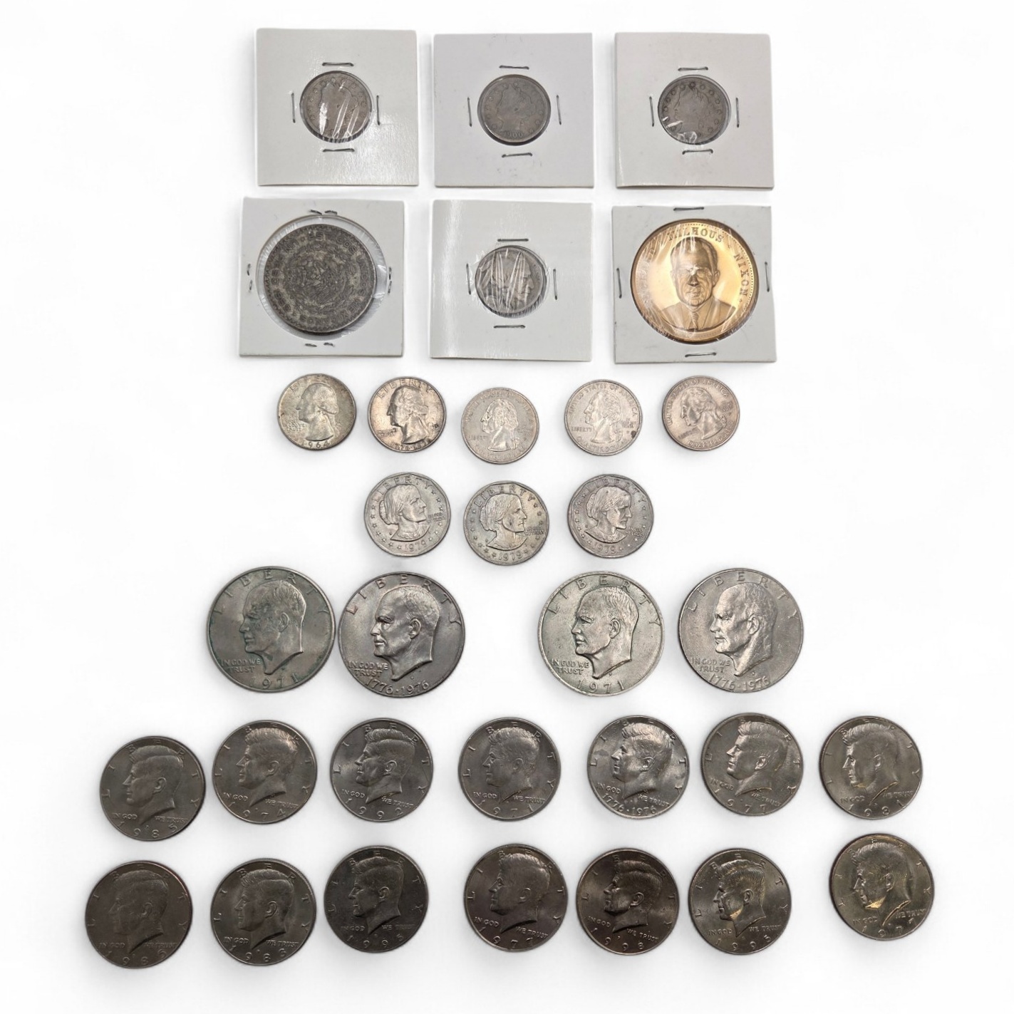 Mixed Coin Lot  Kennedy Half Dollars, Eisenhower Dollars, Buffalo Nickel, V Nickels, Barber Dimes, Foreign Coins & Nixon Medal