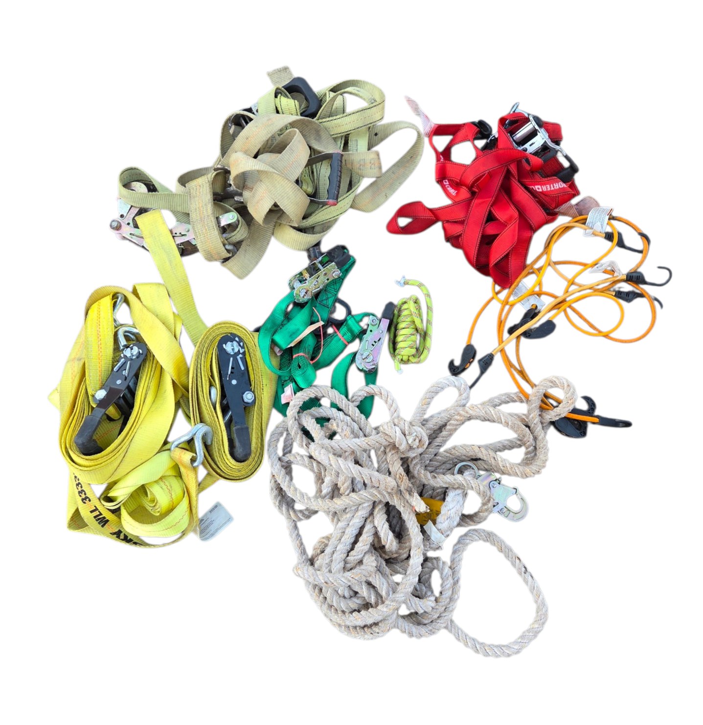Assorted Tie Down Straps, Ratchet Straps, Ropes and Bungee Cords Lot