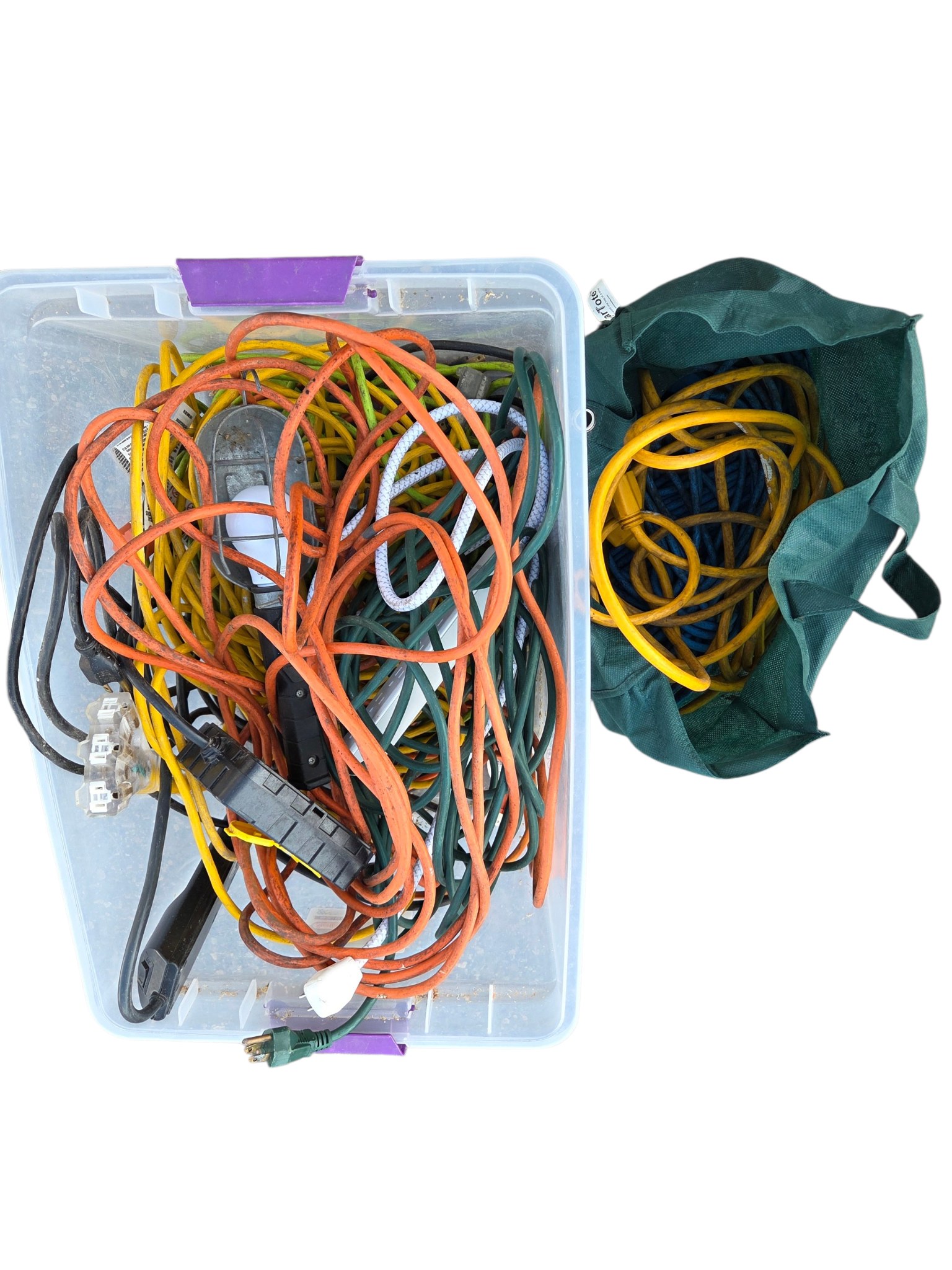 Large Extension Cord Lot with Power Strips, Work Light and Storage Bin