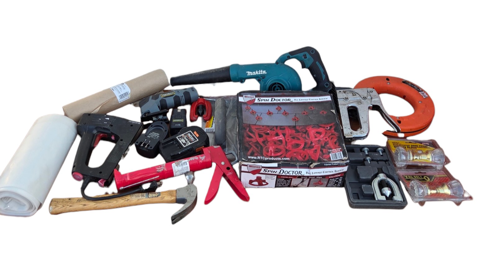 Mixed Tool Lot With Makita Blower, Performax Detail Saw, Stapler, Caulk Gun, Door Knobs and More
