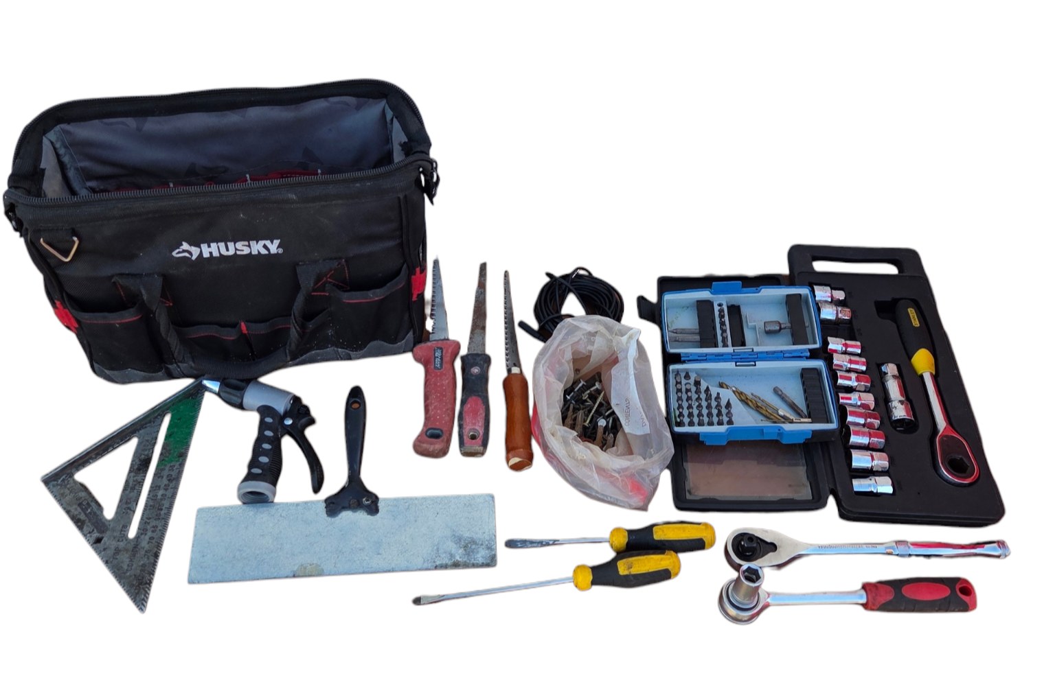 Husky Tool Bag with Mixed Hand Tools, Sockets, Ratchets, Drill Bits and Small Hardware