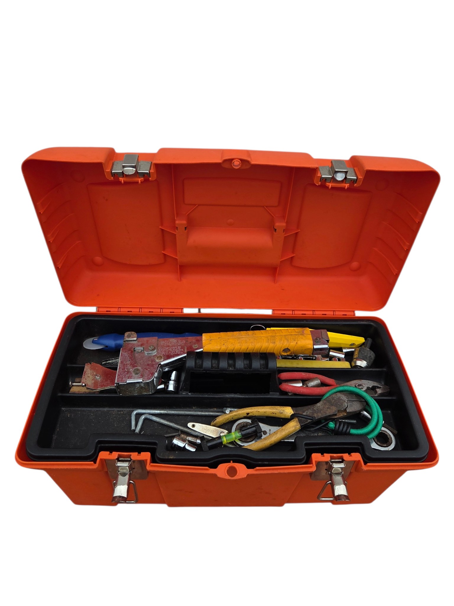Orange Tool Box with Mixed Hand Tools, Sockets, Ratchet, Cutters and Misc. Hardware
