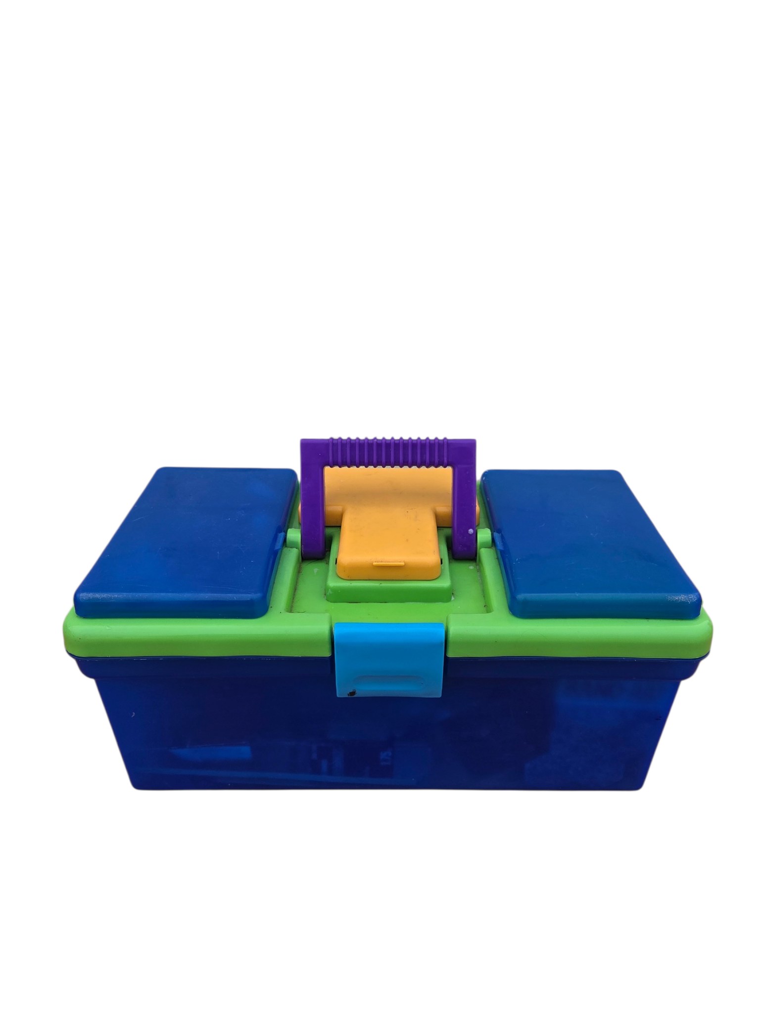 Blue and Green Tool Box with Hammer, Level, Fasteners and Mixed Hand Tools