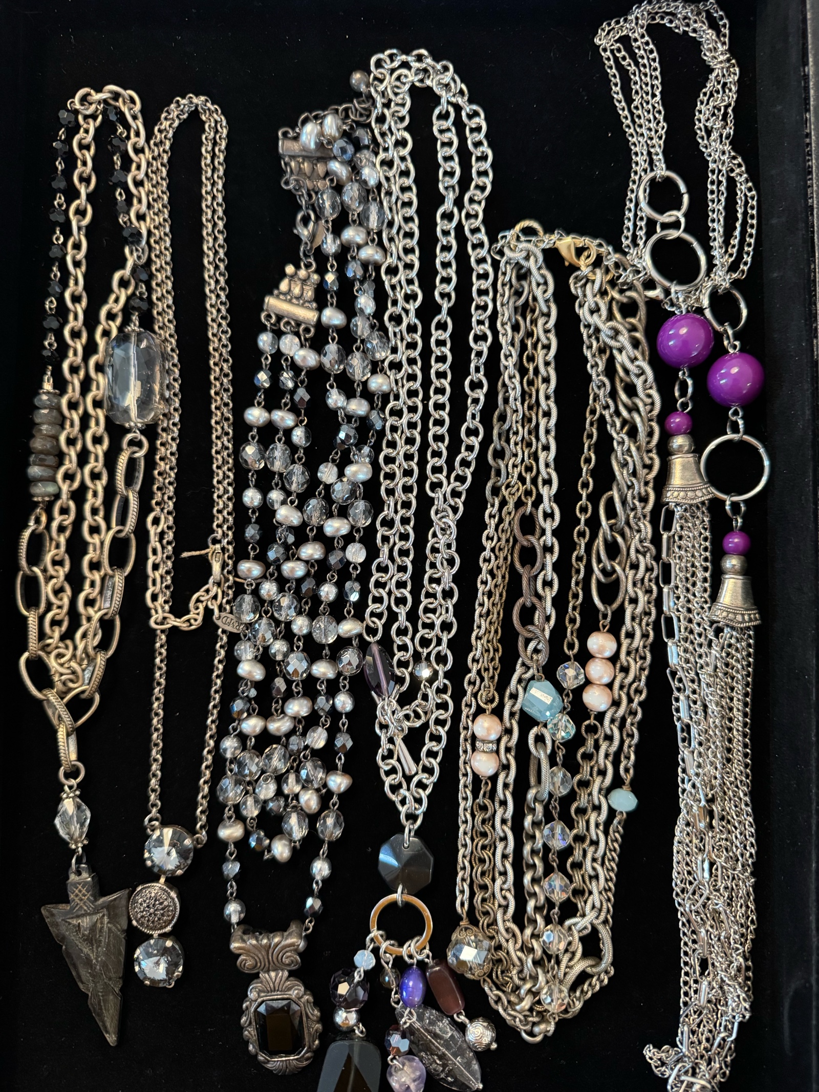 Long chain necklaces with blue, gray, purple accents