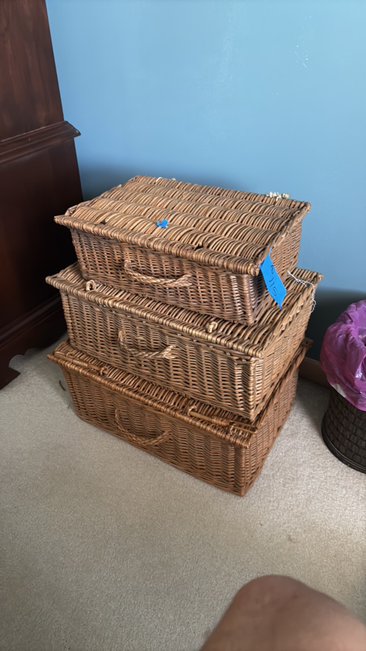 (3) Willow wicker baskets, 16L 18L &amp 19L