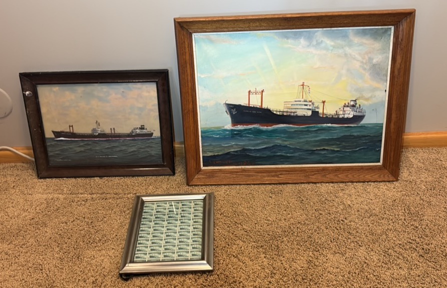 Boat themed art 2 paintings and 1 stamp sheet