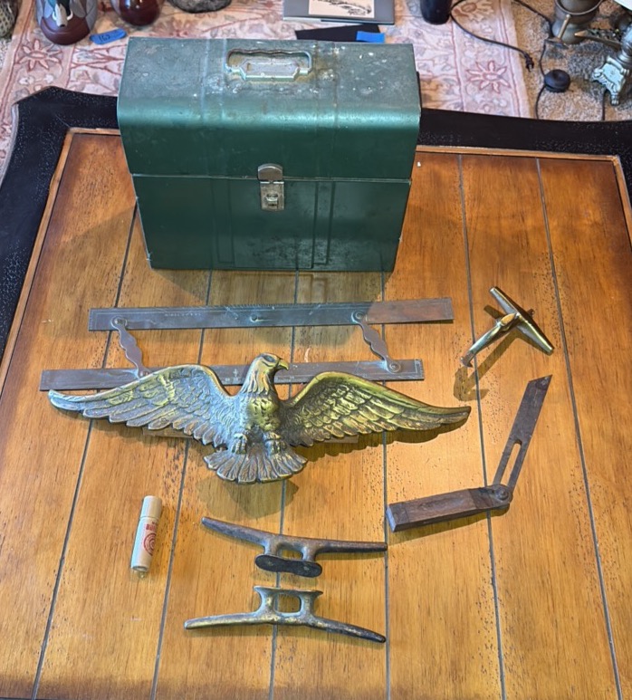 Vintage  Antique Metal parts, tool box, eagle, etc.