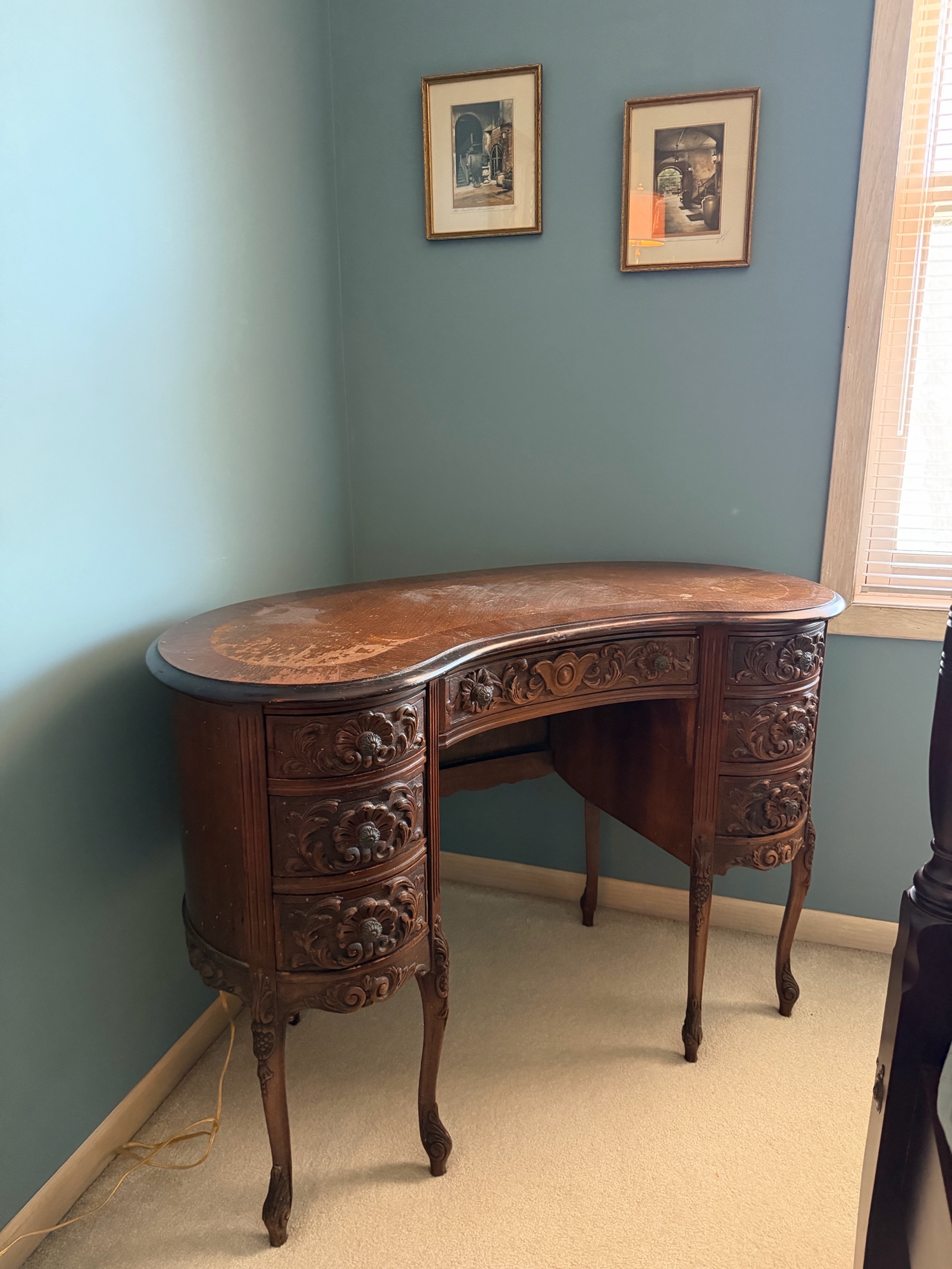Vintage Kidney-shaped writing desk Victorian Revival style
