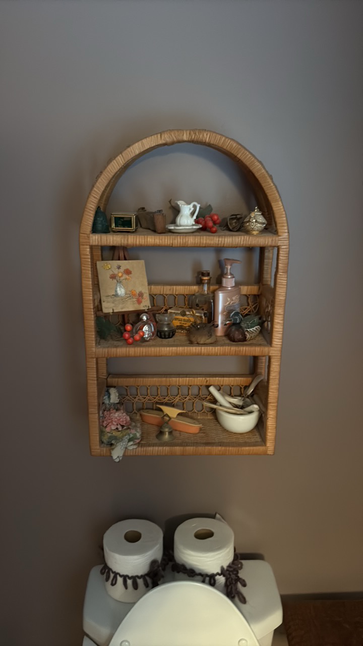 3-Tier Rattan wall shelf Vintage bells, bottles, and more
