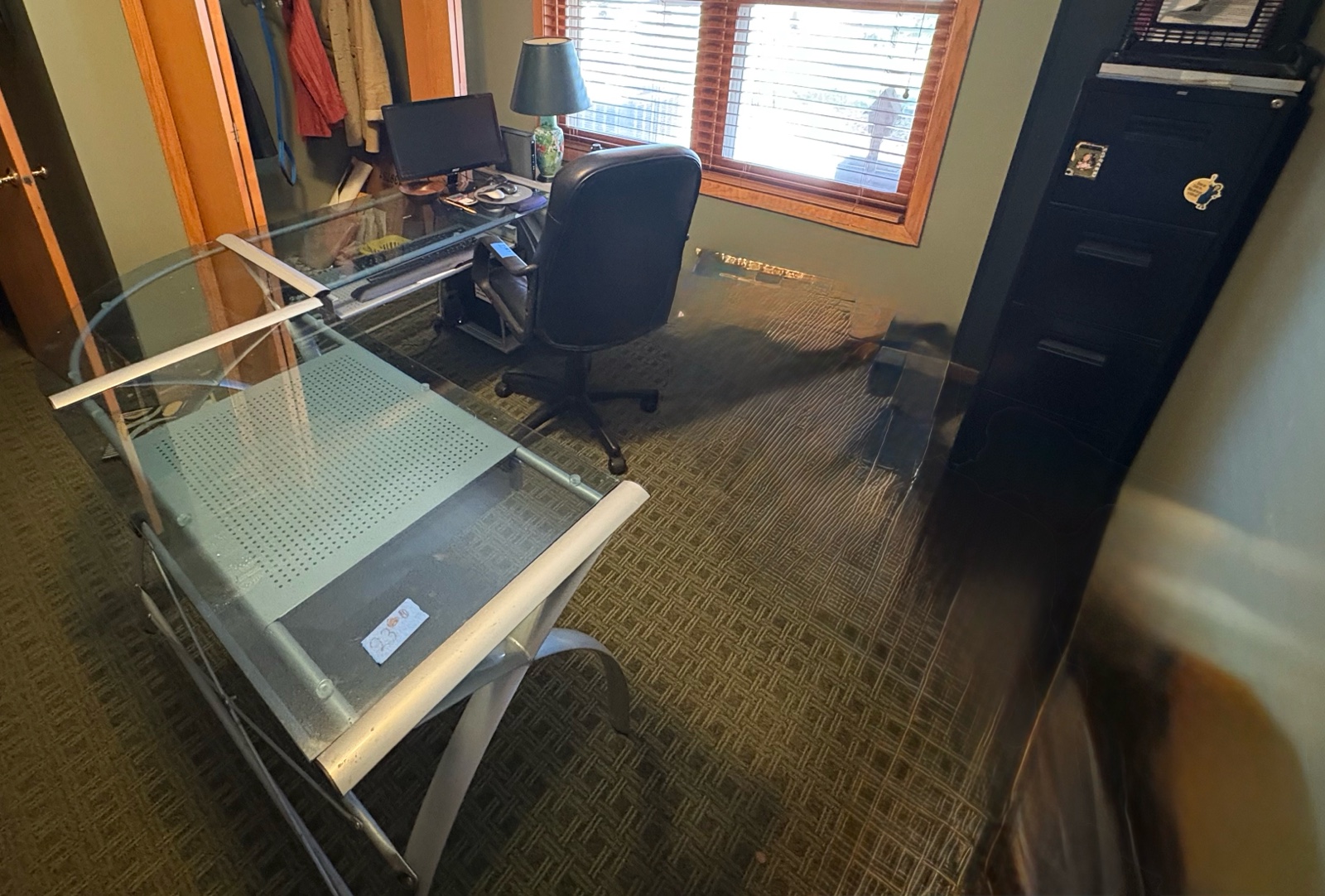 L-Shaped glass desk, chair, and 2 filing cabinets