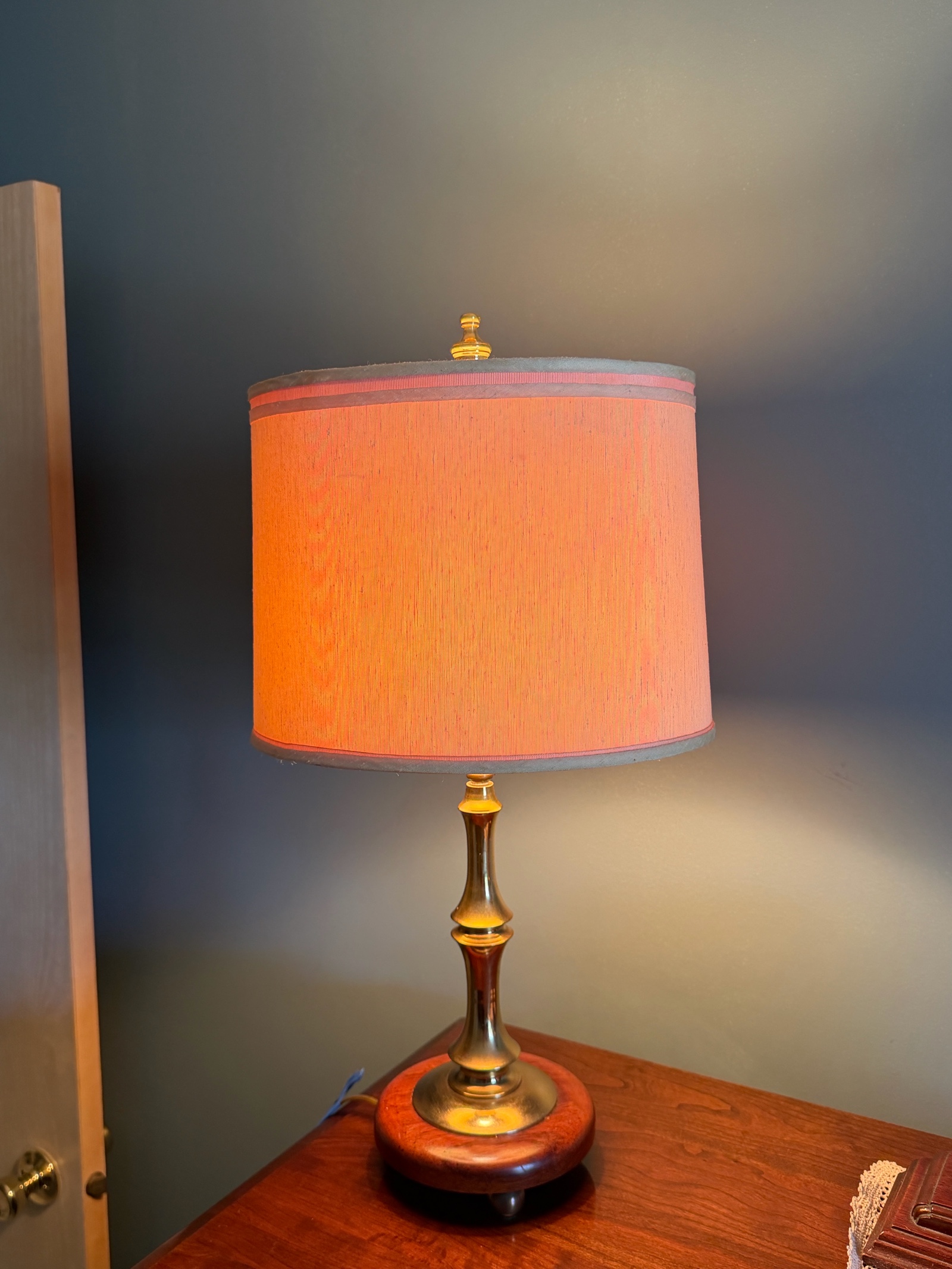 Vintage Brass Lamp with wood base and drum shaped shade