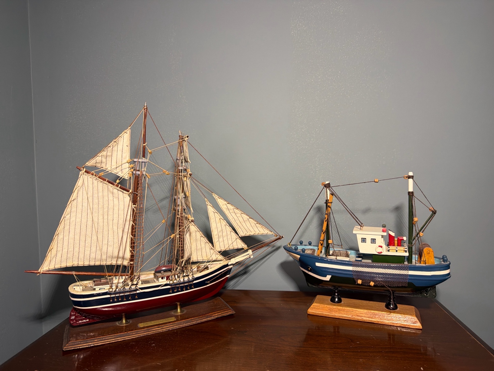 Pair of Nautical Ship Models  Classic Sailing Schooner & Fishing Boat Display