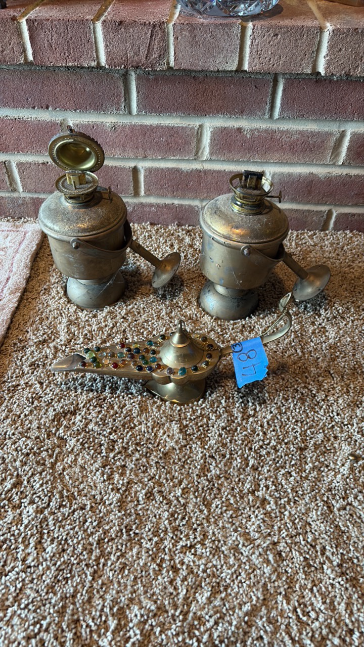(2) Antique Carbide lamps jeweled Alladins lamp