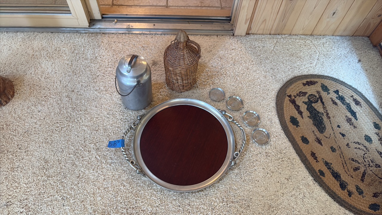Vintage Hammered coaster. woven demijohn flask, Buenilum Micarta tray