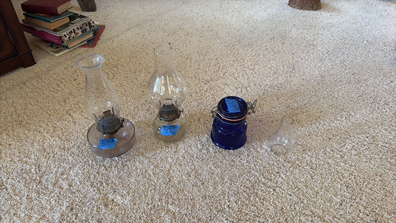 (2) Vintage oil lamps, cobalt blue jar, glass chimney
