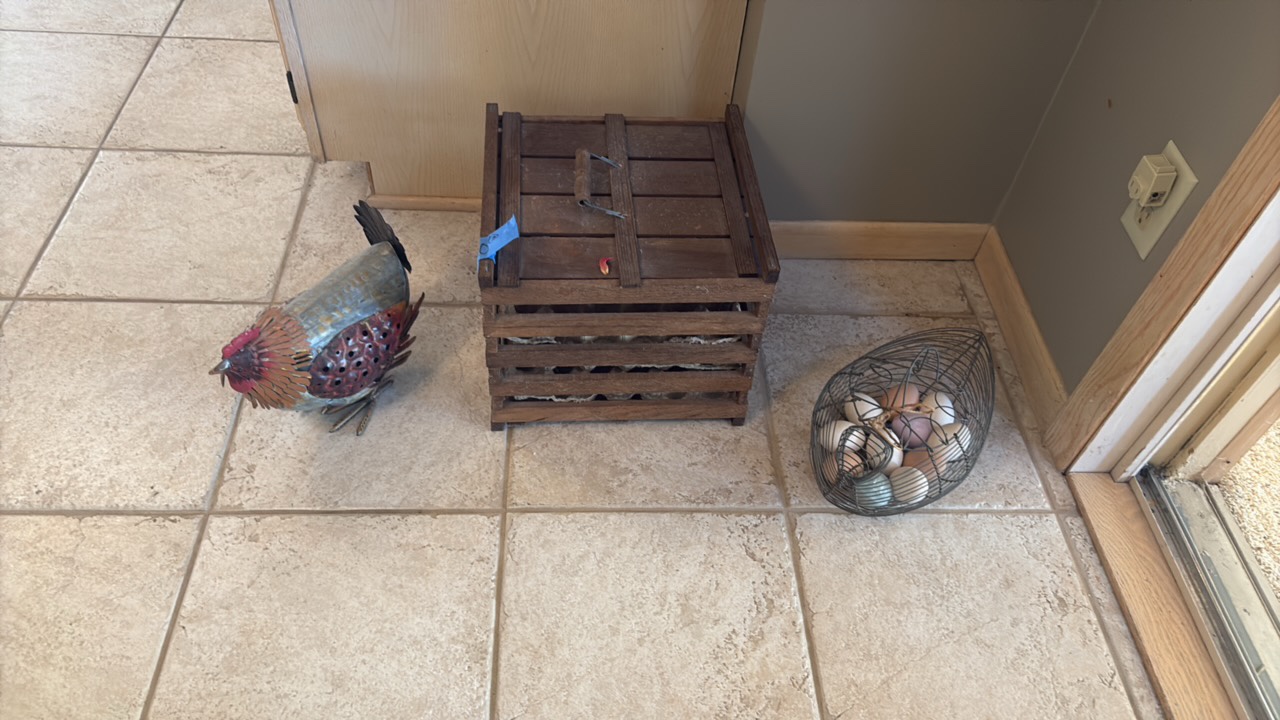 Handmade folk-art metal rooster, crate, basket