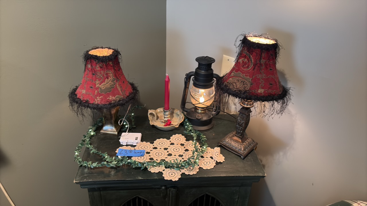 (2) Boho table lamps, chamber candlestick holder, lantern