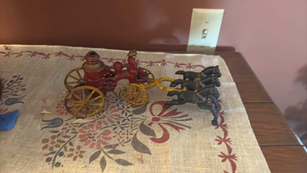 Vintage cast iron 3-horse drawn fire wagon