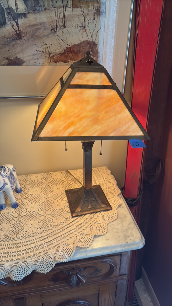 Vintage mission-style table lamp, slag style shade