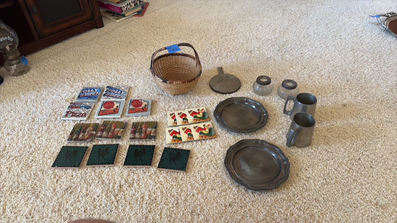 Coasters, London plates, pewter cups.