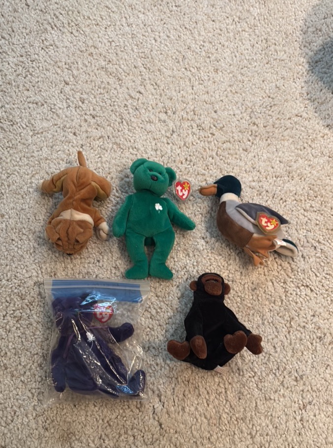 (5) stuffed animals, 4 of them are Ty