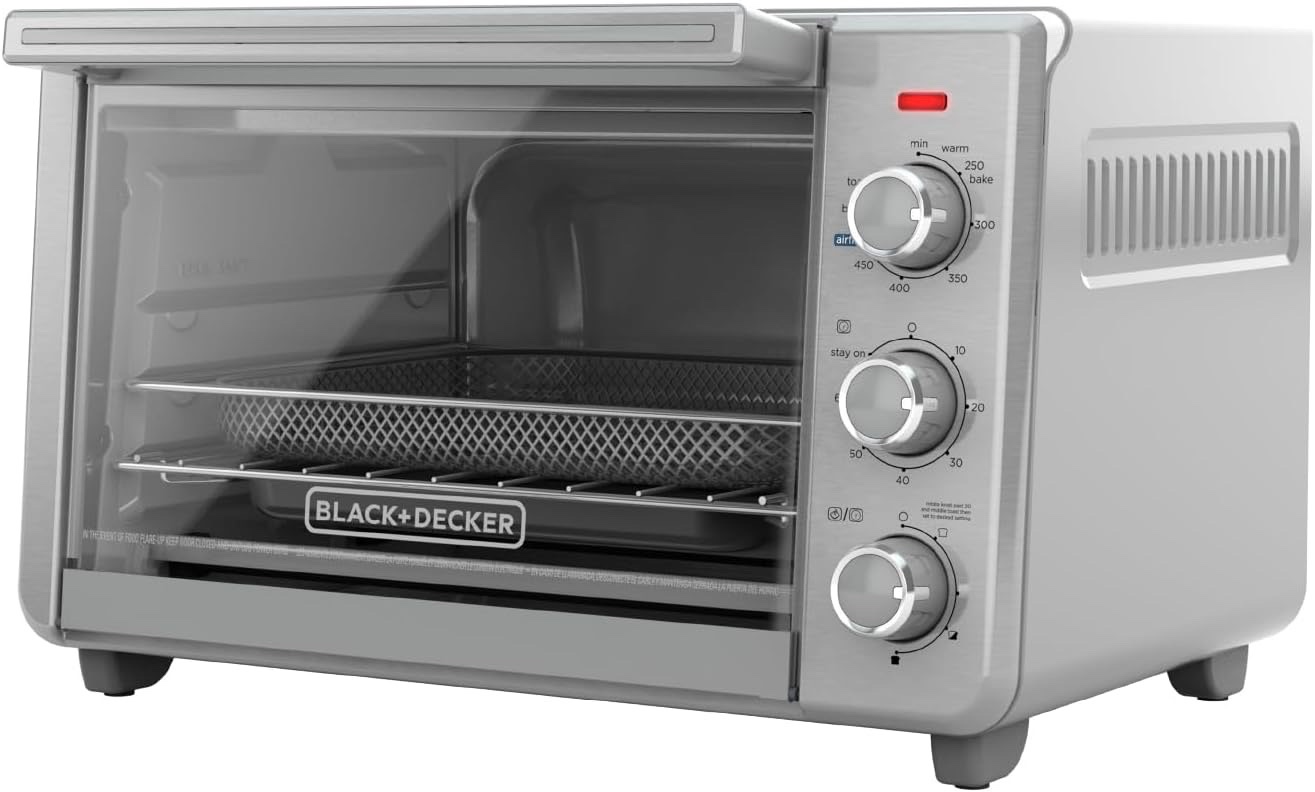 BLACKDECKER Crisp N Bake Air Fryer Countertop Convection Toaster Oven, Large Capacity, 6-Slice, 5-in-1, Fits 12 Pizza, 60-Min Timer, Bake, Broil, Air Fry, Toast, Keep Warm, Stainless Steel