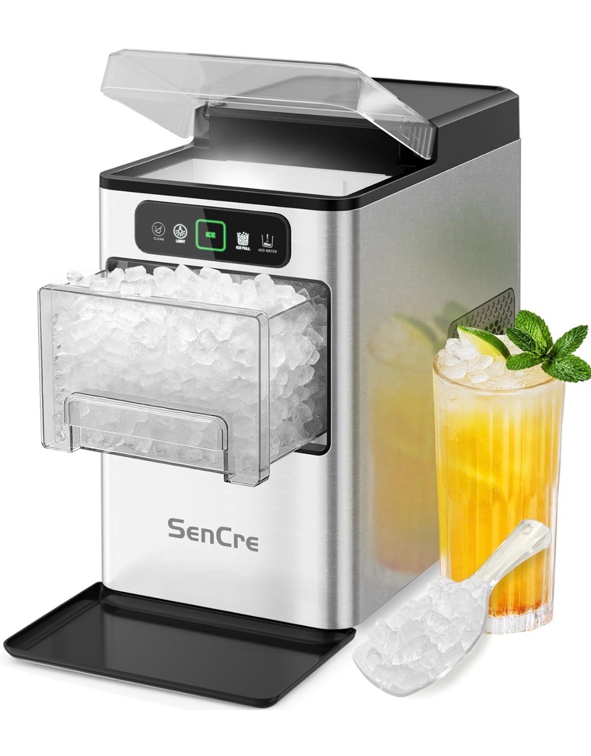 SenCre Nugget Ice Maker 40lbsDay, Countertop Ice Maker Soft Chewable Ice, Retail $500,  Ice Makers One-Click & Self-Cleaning, Crushed Pellet Ice Machine with Scoop&Basket for HomeKitchenOffice, Stainless Silver