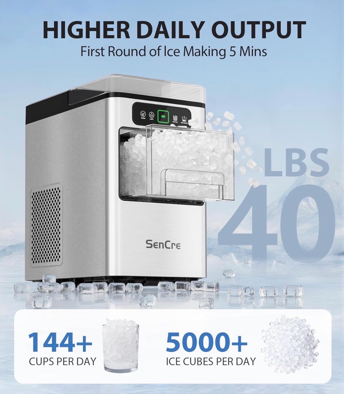 SenCre Nugget Ice Maker 40lbs/Day, Countertop Ice Maker Soft Chewable Ice, Retail $500,  Ice Makers One-Click & Self-Cleaning, Crushed Pellet Ice Machine with Scoop&Basket for Home/Kitchen/Office, Stainless Silver